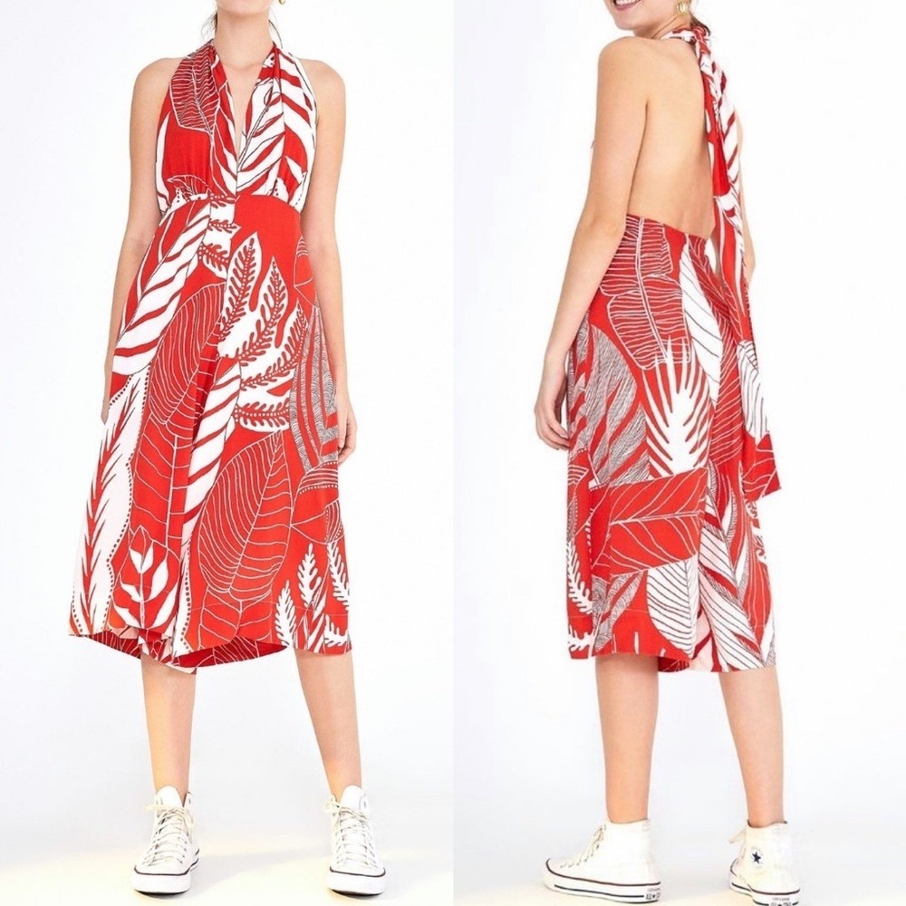 Farm Rio Tropical Fluid Wrap Jumpsuit Size S Red White Open Back Wide Leg Halter